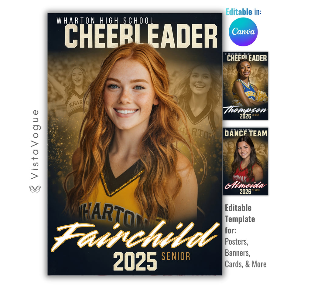 Cheer senior night poster and memory mate template editable in Canva with multi-photo layout and sparkling gold glitter bokeh dark backdrop behind the close-up athlete portrait