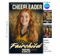 Cheer senior night poster and memory mate template editable in Canva with multi-photo layout and sparkling gold glitter bokeh dark backdrop behind the close-up athlete portrait