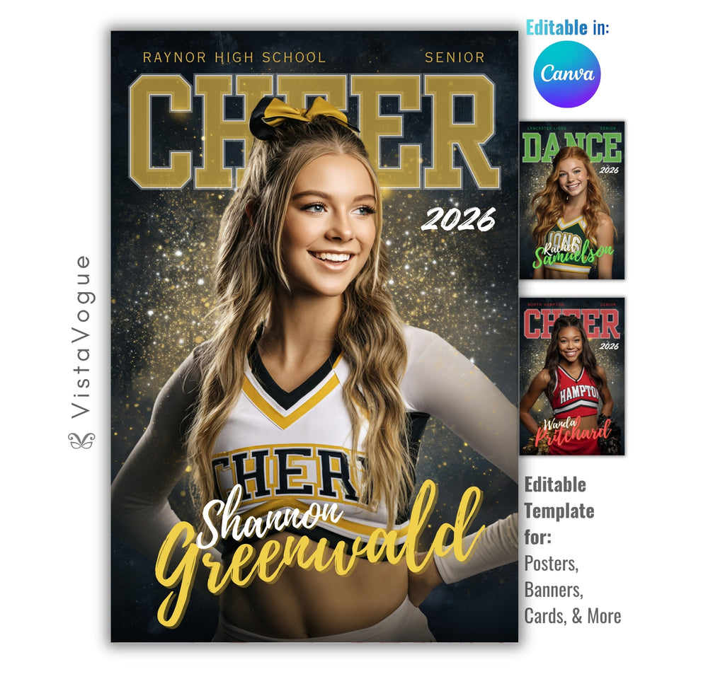 Cheer senior night poster and spirit poster template editable in Canva with oversized sport name header and sparkling glitter bokeh dark backdrop behind the full-body athlete