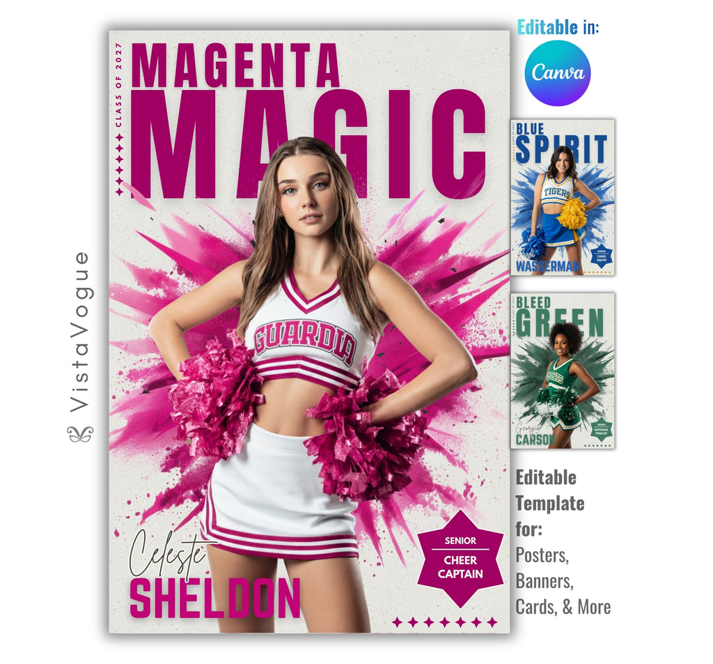 Cheer senior banner template editable in Canva with vibrant paint burst background, bold typography, and customizable cheerleader poster design for senior night graphics