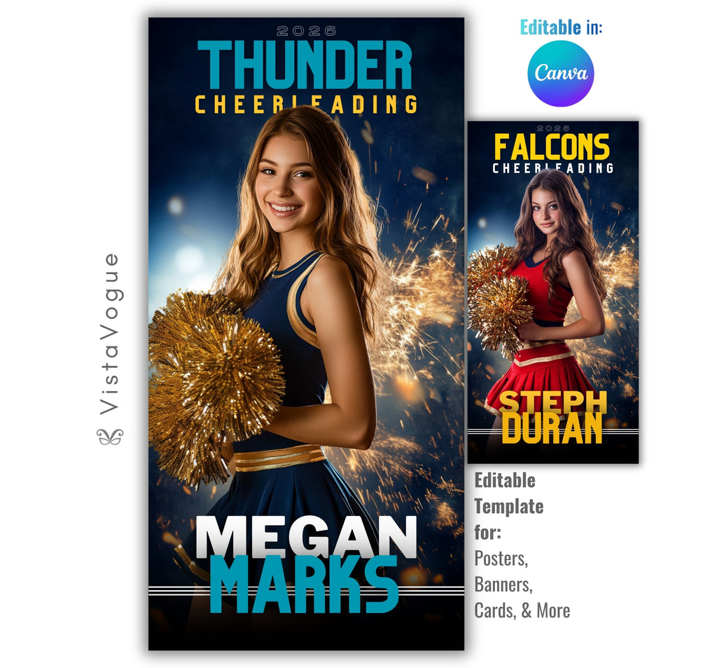 Cheer trading card and poster template editable in Canva with glowing sparkler and confetti burst backdrop behind the athlete
