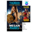 Cheer trading card and poster template editable in Canva with glowing sparkler and confetti burst backdrop behind the athlete