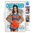 Cheerleader senior poster template editable in Canva with colorful star graphics, clean textured backdrop, and athlete banner design for senior night posters and memory mates