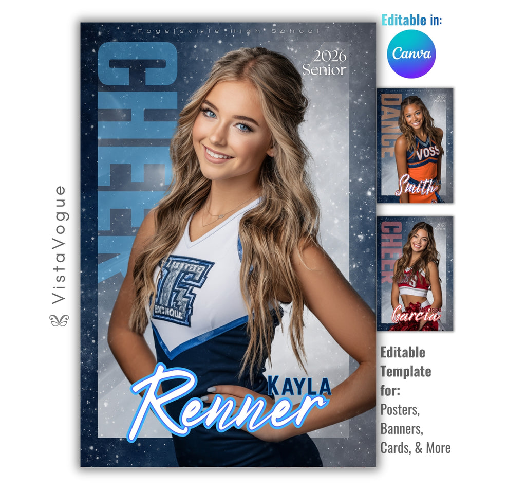 Cheer senior night poster and spirit poster template editable in Canva with vertical sport name typography and sparkling starry glitter backdrop behind the close-up athlete portrait