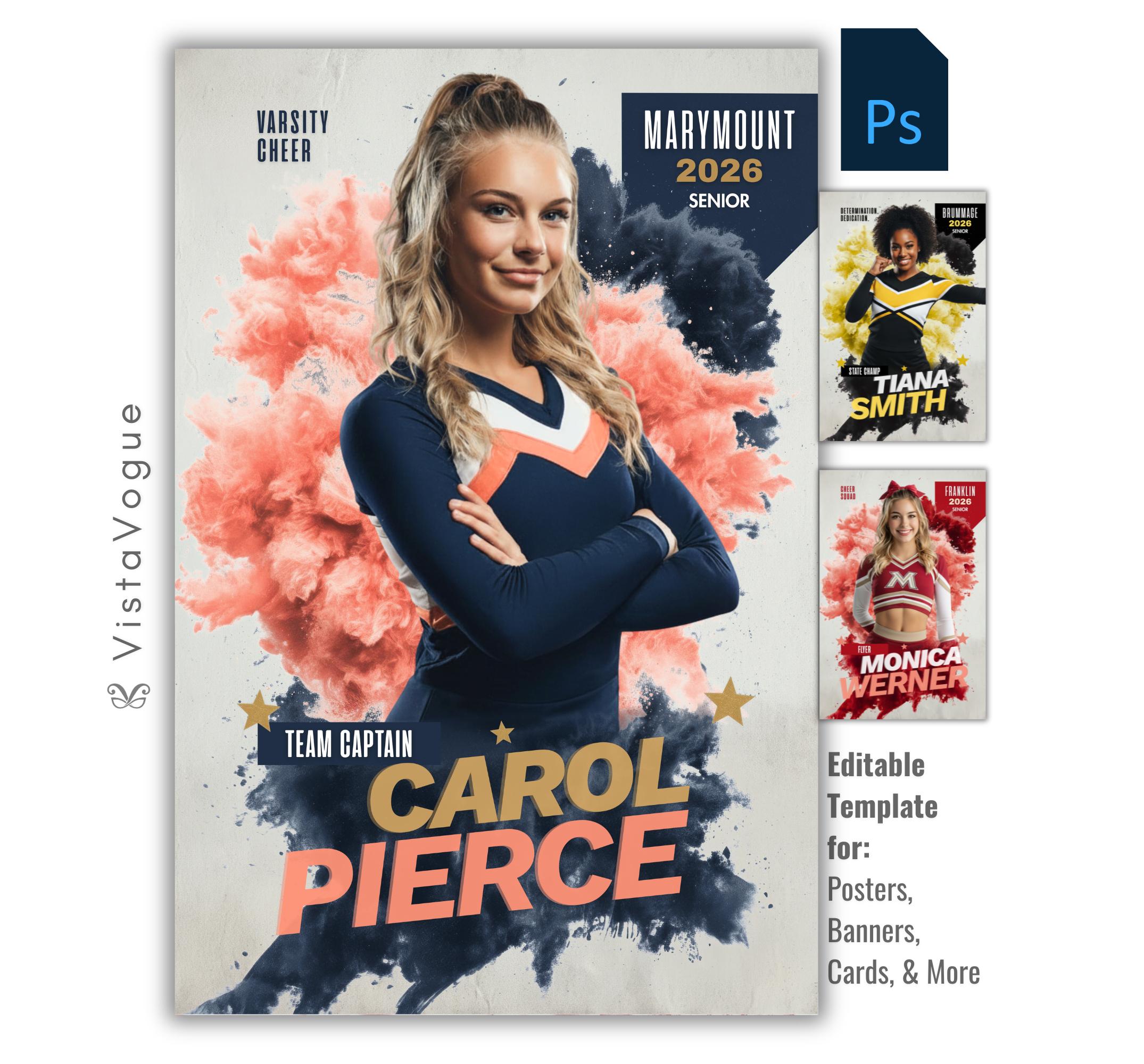 Cheer senior night poster template for Photoshop with colorful smoke cloud background, athlete banner design, and customizable memory mate layout