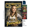 Cheer senior banner template for Photoshop with glitter texture background, bold typography, and customizable cheerleader poster design for senior night graphics