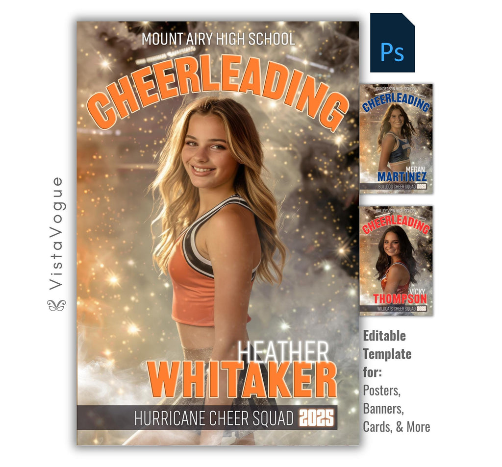 Cheer trading card and poster template editable in Photoshop with glittering bokeh light burst and smoky arena backdrop behind the athlete