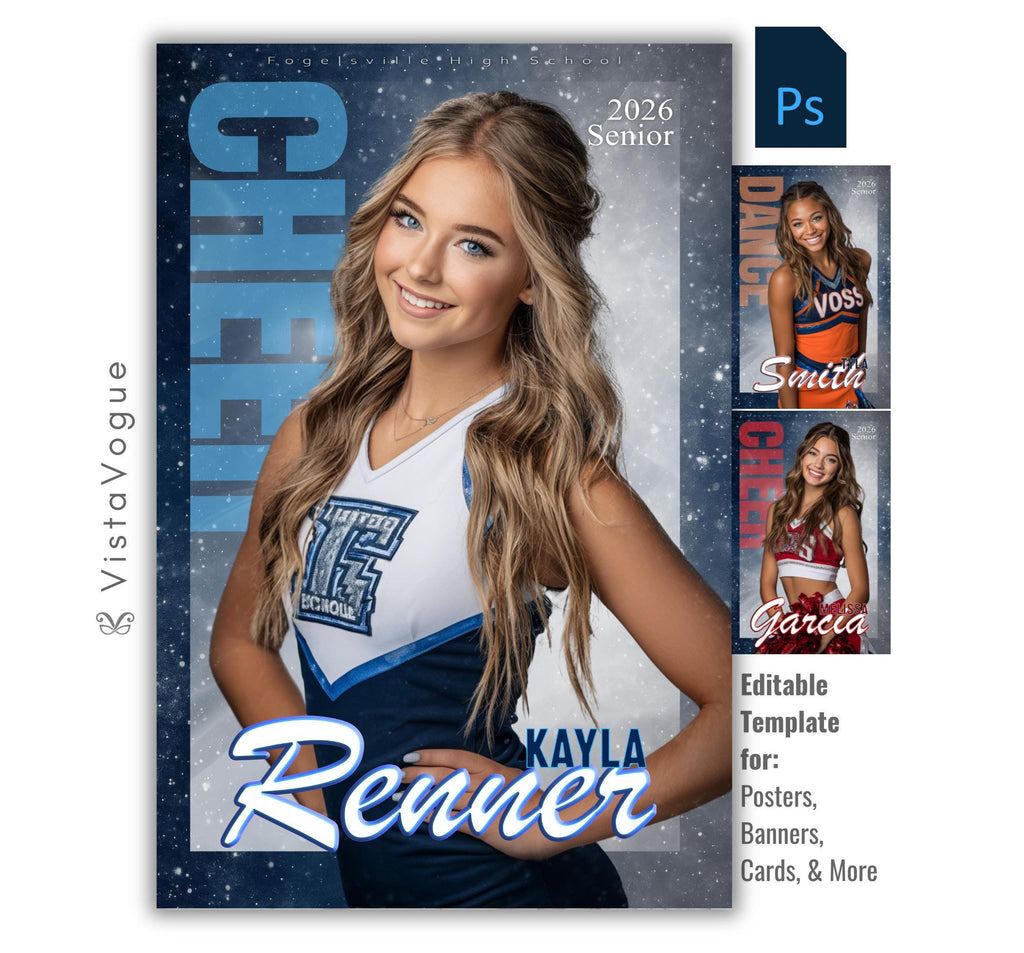Cheer senior night poster and spirit poster template editable in Photoshop with vertical sport name typography and sparkling backdrop behind the close-up athlete portrait