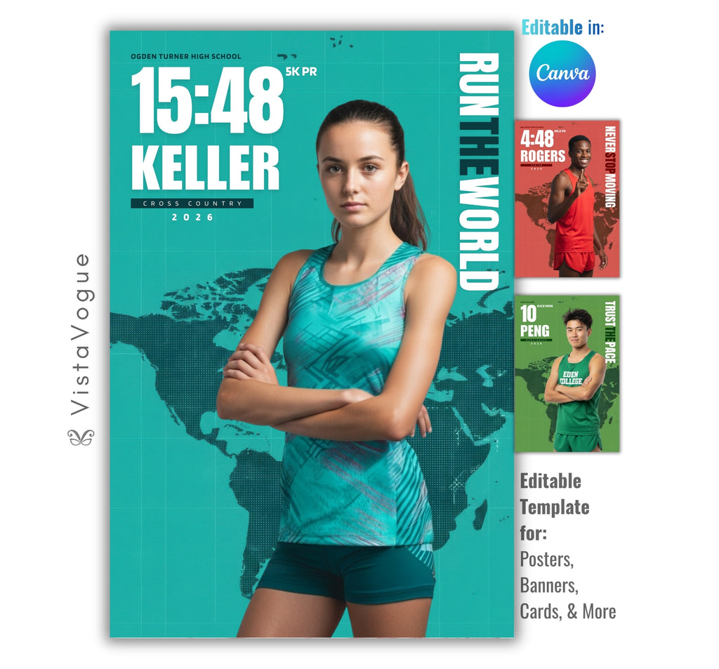 Cross country senior night poster and memory mate template editable in Canva with world map backdrop and personal record stats displayed prominently alongside the athlete