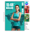 Cross country senior night poster and memory mate template editable in Canva with world map backdrop and personal record stats displayed prominently alongside the athlete