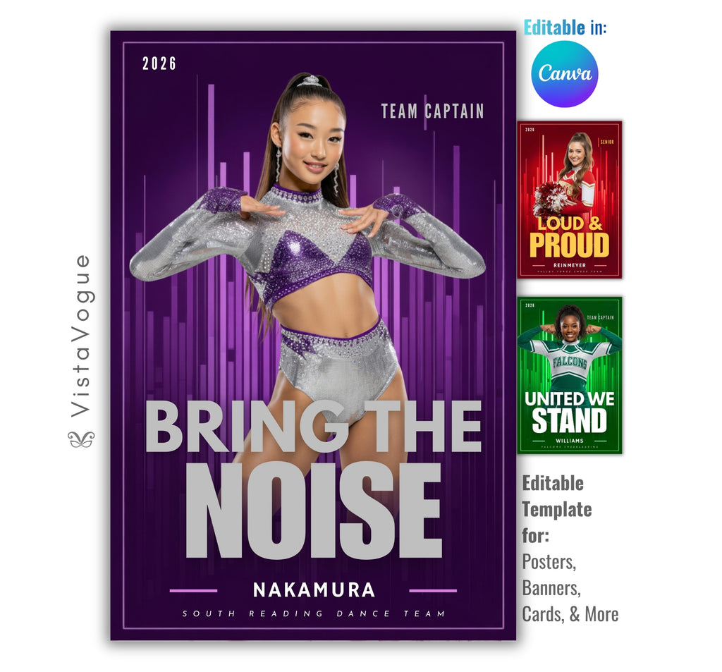 Dance team senior night poster and spirit poster template editable in Canva with glowing neon equalizer bar graphics and deep purple backdrop behind the athlete with motivational quote overlay