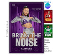 Dance team senior night poster and spirit poster template editable in Canva with glowing neon equalizer bar graphics and deep purple backdrop behind the athlete with motivational quote overlay