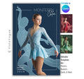 Figure skating senior night poster and player banner template editable in Canva with elegant illustrated skater silhouette backdrop on a deep navy background behind the athlete