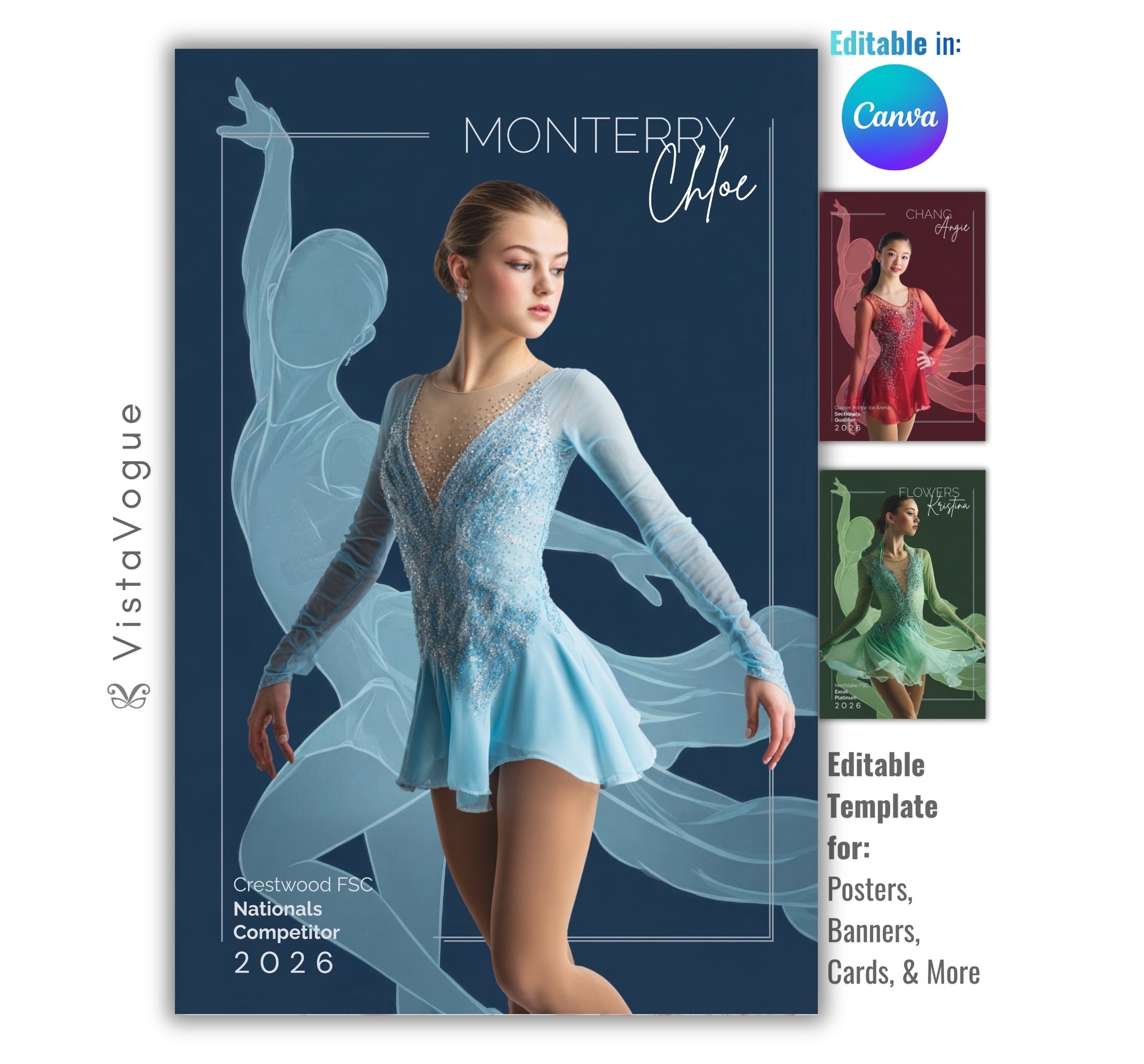 Figure skating senior night poster and player banner template editable in Canva with elegant illustrated skater silhouette backdrop on a deep navy background behind the athlete