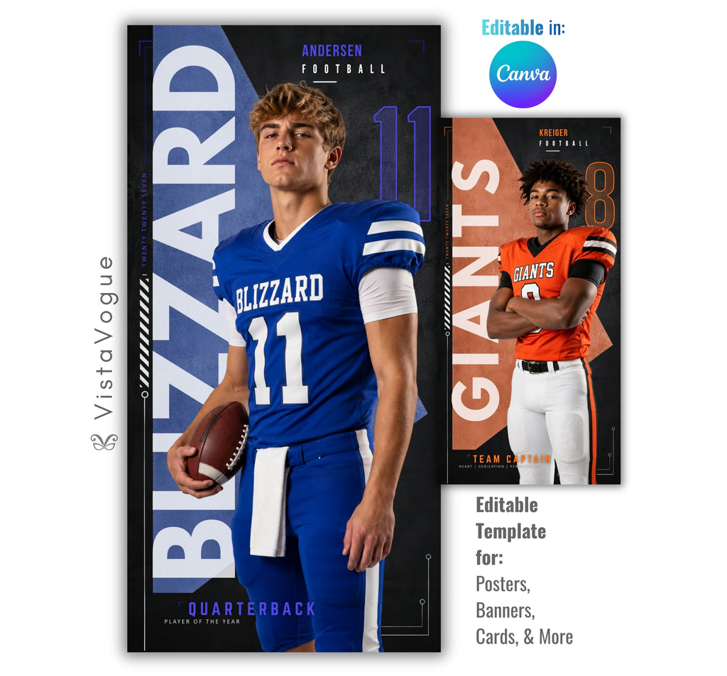 Editable football banner template with geometric modern sports poster design shown in Canva mockup