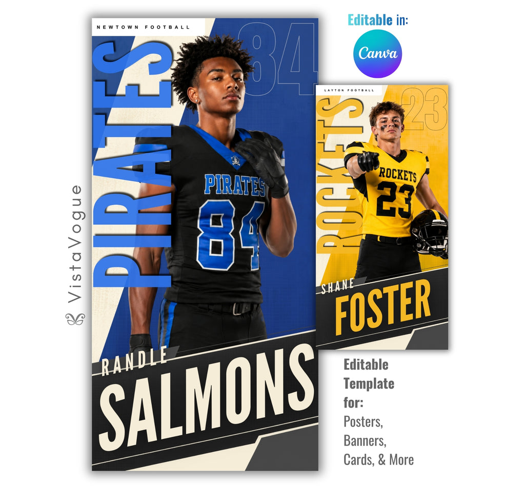 Editable football banner template with modern sports poster design shown in Canva mockup