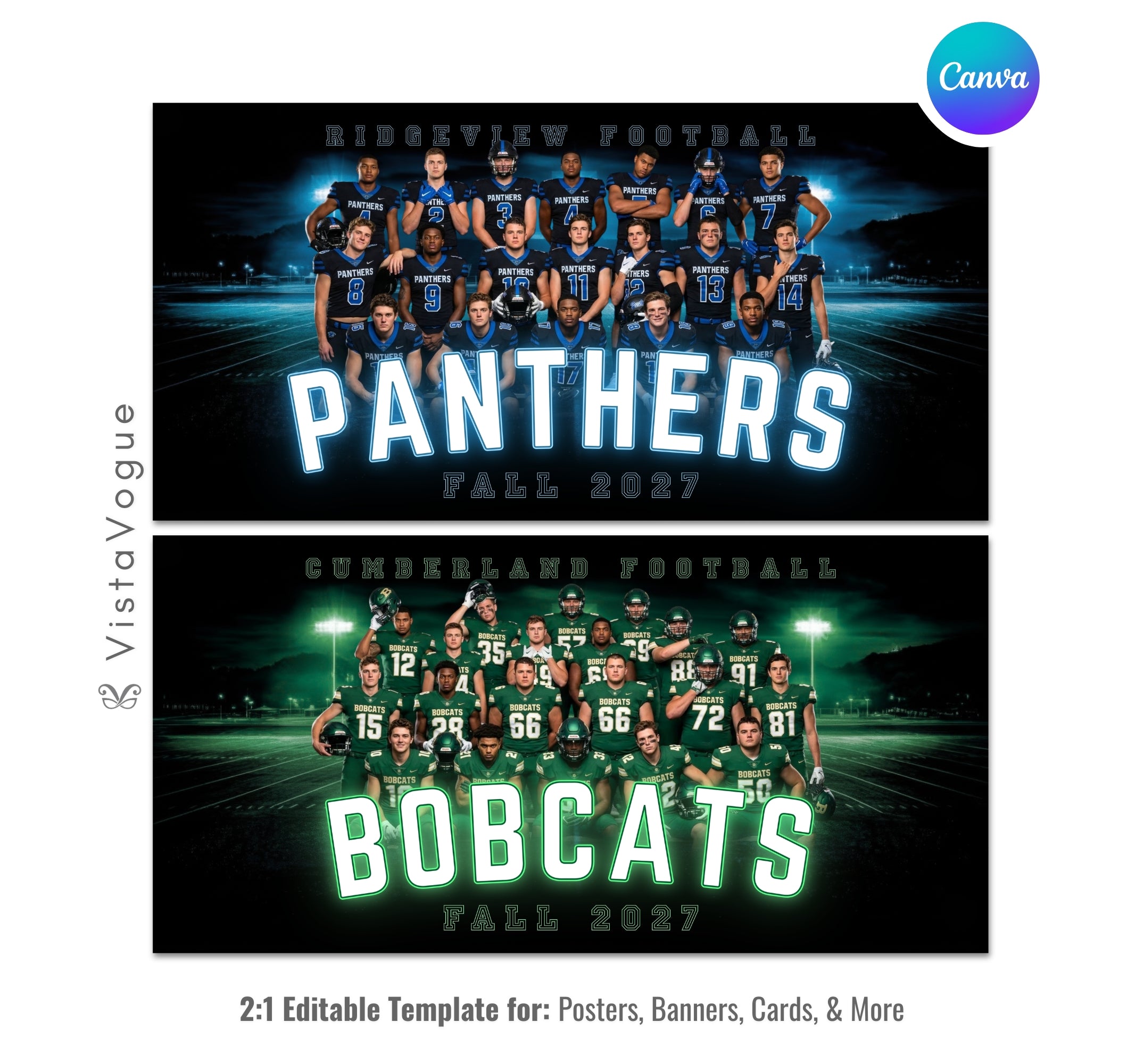Editable football team banner template with glowing neon sports design shown in Canva mockup