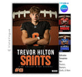 Football senior banner template editable in Canva with close-up football texture background, bold typography, and customizable player poster layout for senior night sports graphics