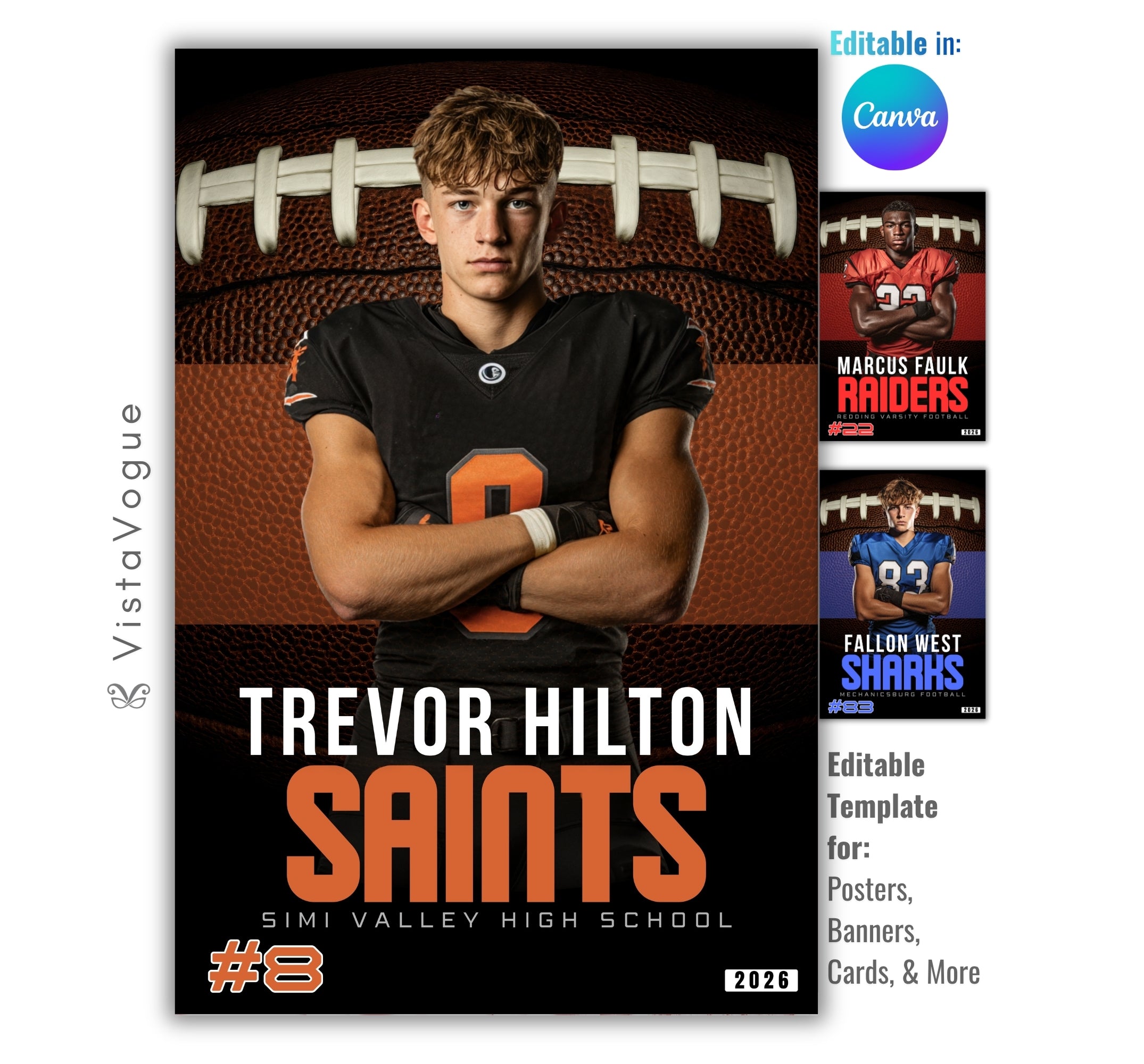 Football senior banner template editable in Canva with close-up football texture background, bold typography, and customizable player poster layout for senior night sports graphics