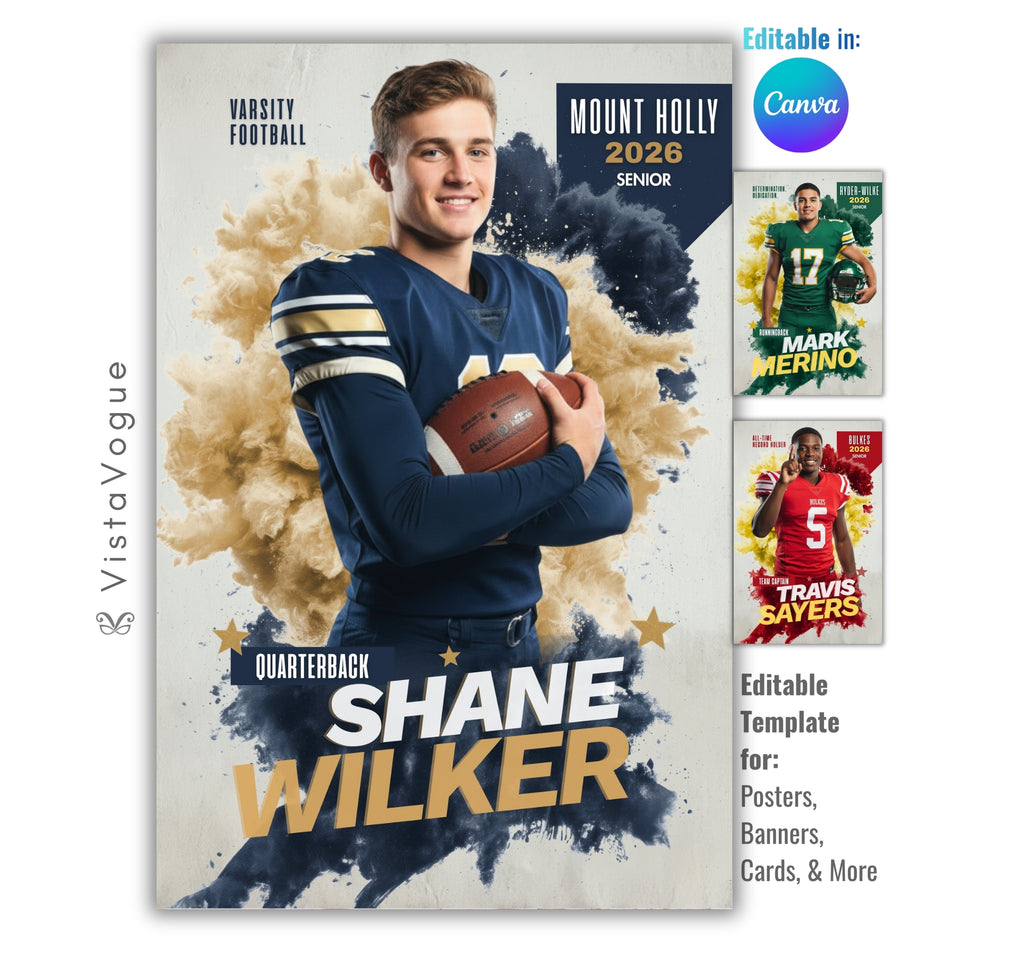 Football senior night poster and player banner template editable in Canva with dual color smoke burst explosion and grunge texture backdrop behind the full-body athlete