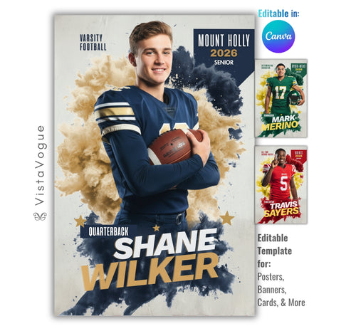 Football senior night poster and player banner template editable in Canva with dual color smoke burst explosion and grunge texture backdrop behind the full-body athlete