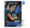 Football trading card and poster template editable in Canva with cracked concrete grunge backdrop and bold brush stroke graphics framing the athlete