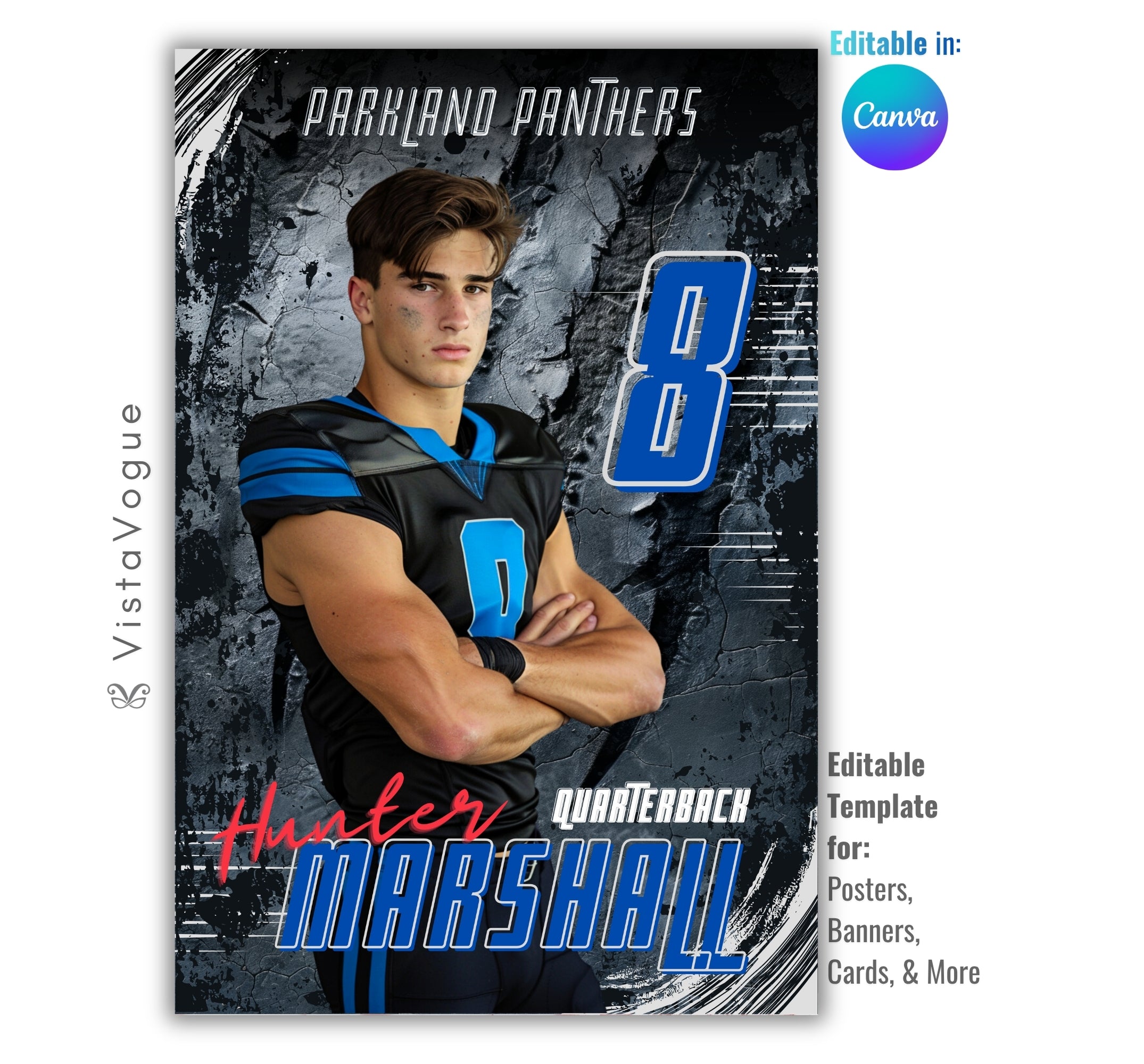 Football trading card and poster template editable in Canva with cracked concrete grunge backdrop and bold brush stroke graphics framing the athlete