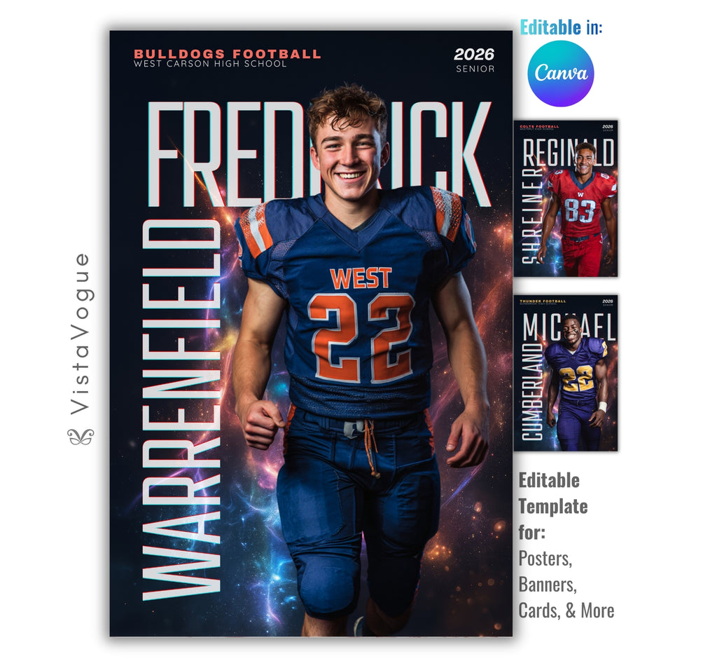 Football poster template editable in Canva with cosmic galaxy backdrop and oversized first and last name typography framing the athlete