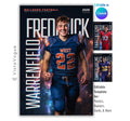 Football poster template editable in Canva with cosmic galaxy backdrop and oversized first and last name typography framing the athlete