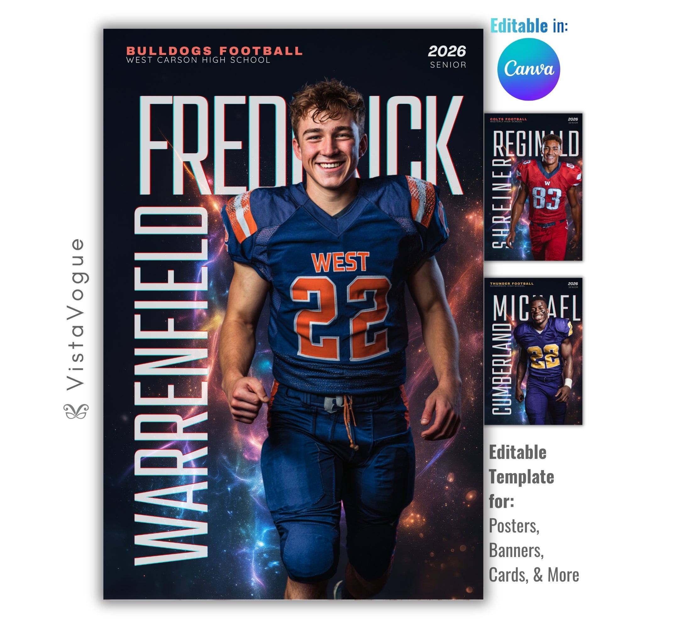 Football poster template editable in Canva with cosmic galaxy backdrop and oversized first and last name typography framing the athlete