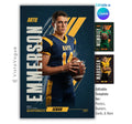 Football senior night poster and player banner template editable in Canva with diagonal brush stroke gold accents and dark backdrop behind the full-body athlete