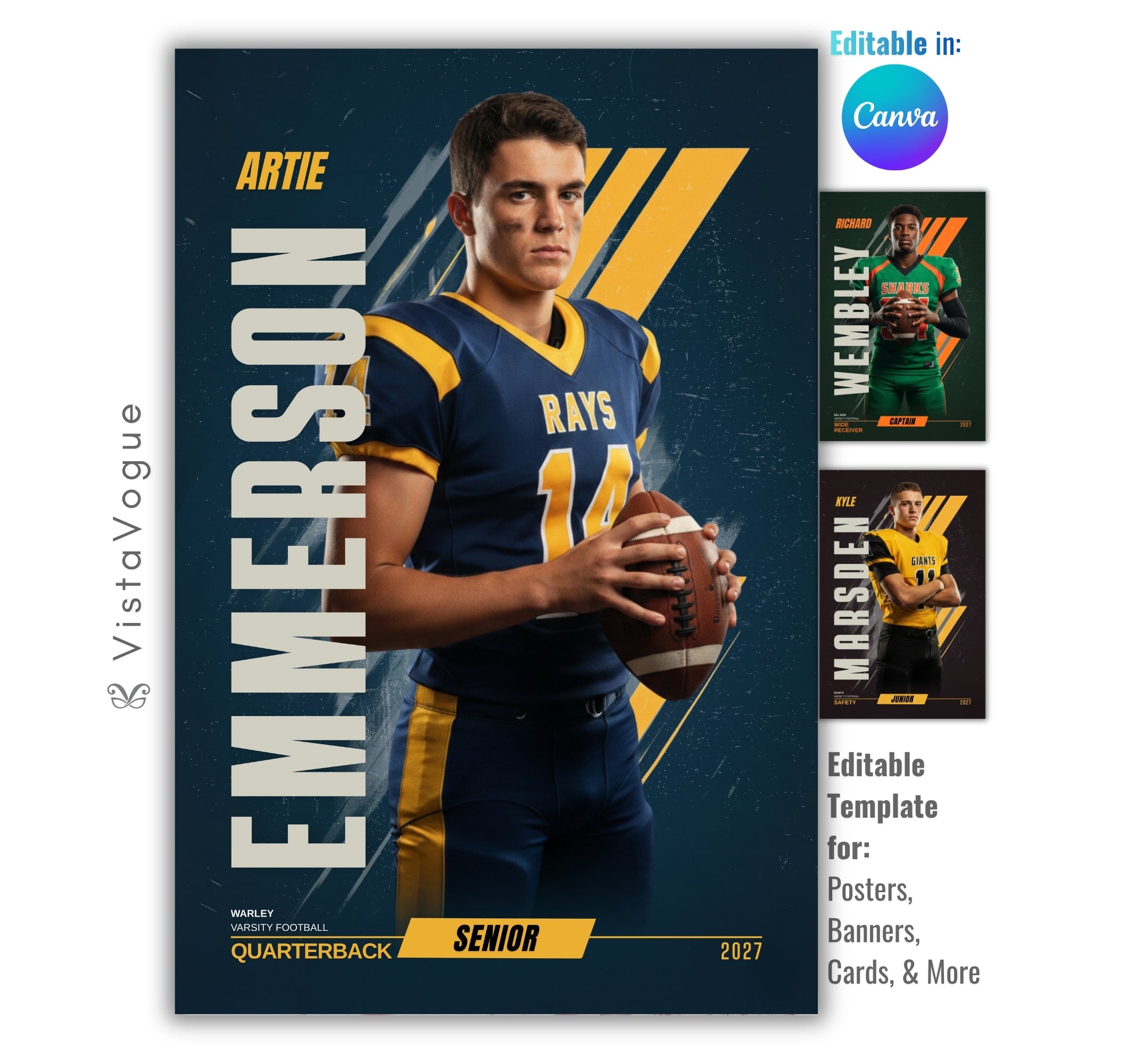 Football senior night poster and player banner template editable in Canva with diagonal brush stroke gold accents and dark backdrop behind the full-body athlete