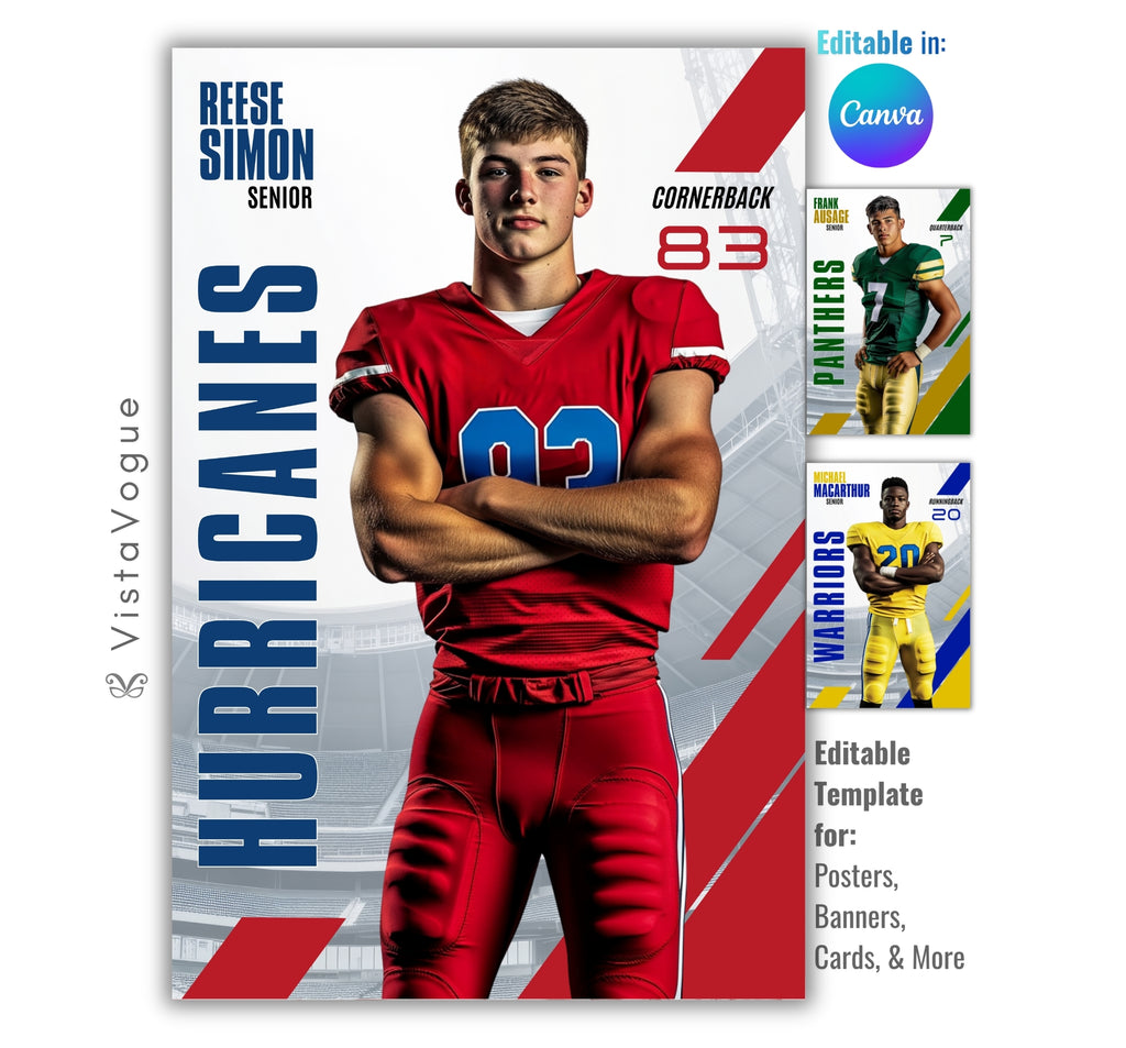 Football trading card and poster template editable in Canva with diagonal speed line graphics and faded stadium backdrop behind the athlete