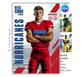Football trading card and poster template editable in Canva with diagonal speed line graphics and faded stadium backdrop behind the athlete