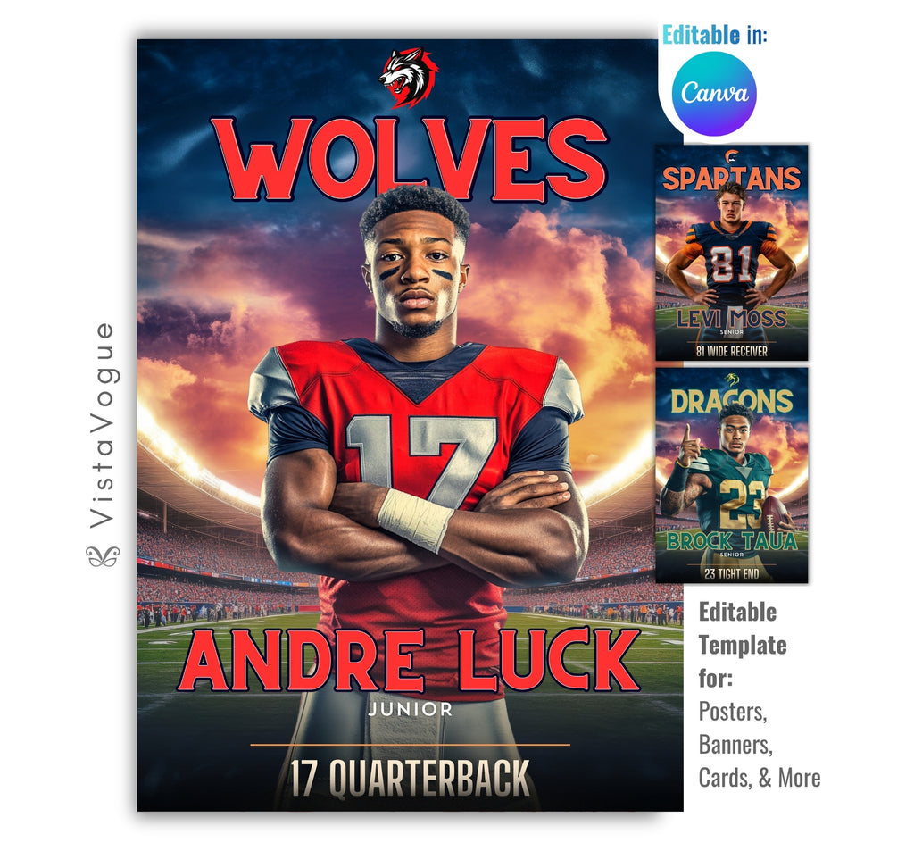 Football poster template editable in Canva with dramatic sunset sky and glowing stadium backdrop behind the athlete and bold team name header