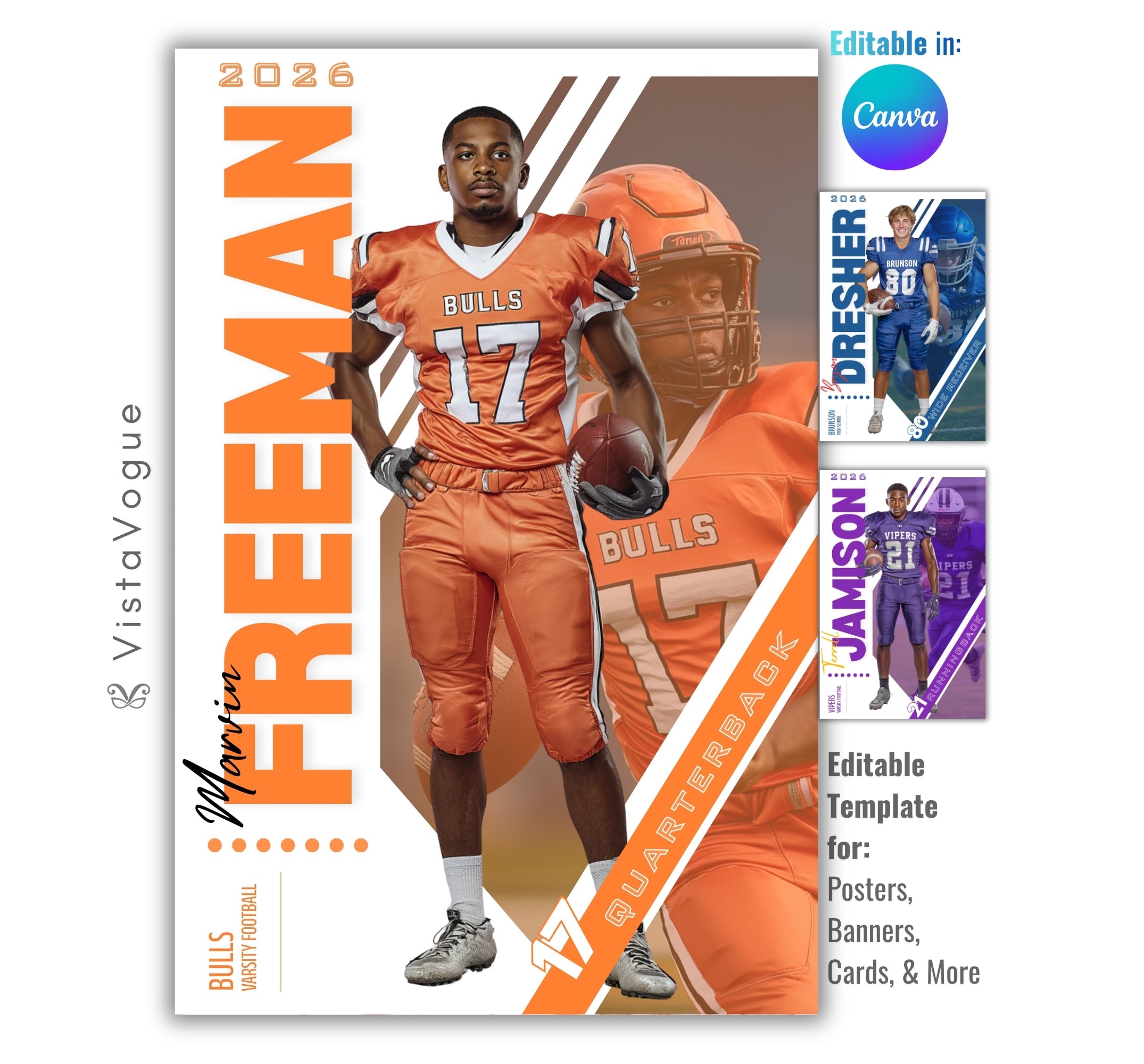 Football senior night banner template editable in Canva with angled cutout layout, layered athlete background image, and customizable sports poster design for football player banners