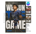 Football senior night poster and player banner template editable in Canva with dual photo layout and oversized bold grunge motivational quote typography layered behind the athlete