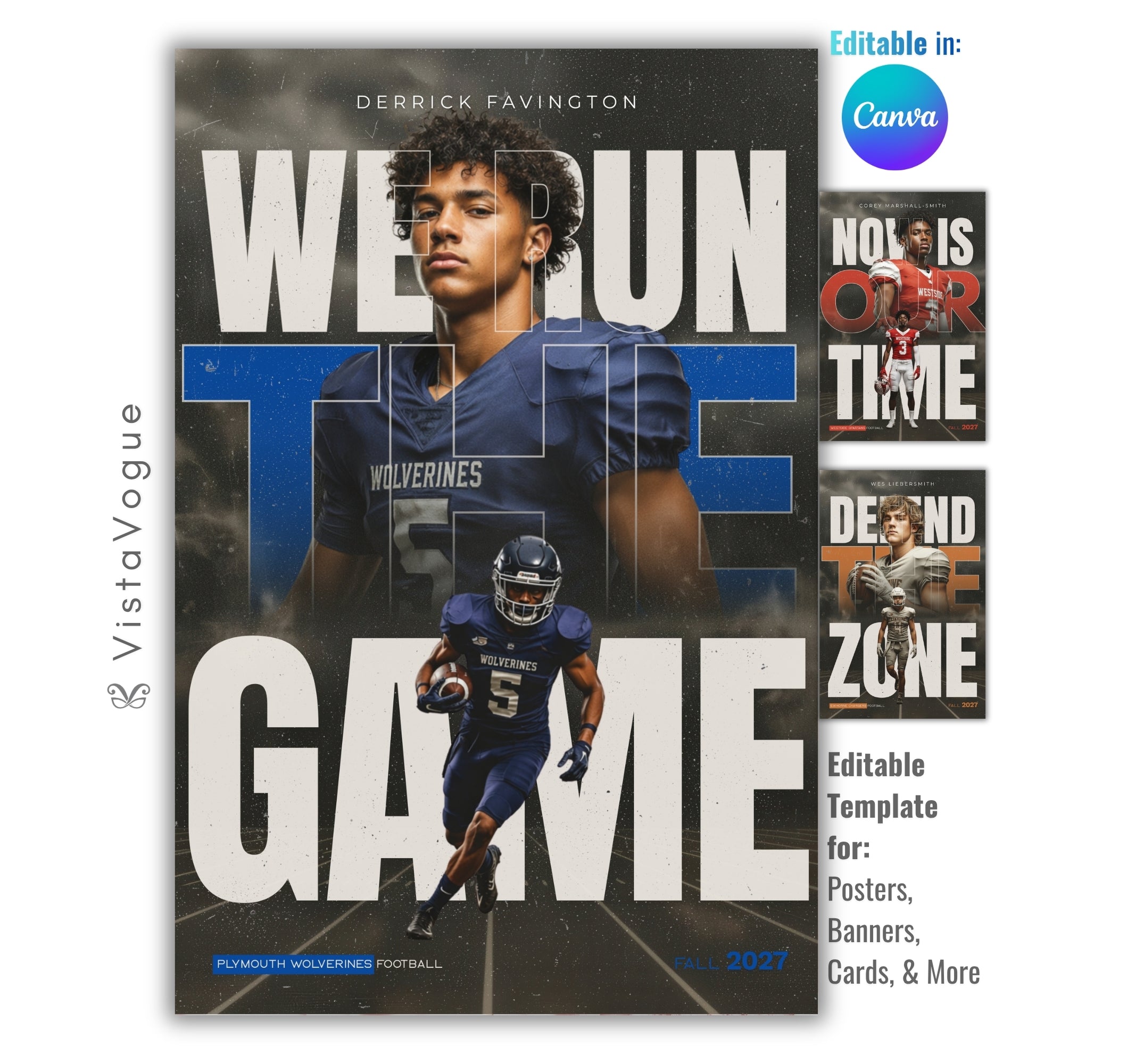 Football senior night poster and player banner template editable in Canva with dual photo layout and oversized bold grunge motivational quote typography layered behind the athlete