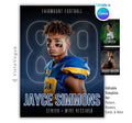 Football trading card and poster template editable in Canva with faded oversized jersey number and subtle speed line graphics on a deep dark backdrop behind the athlete