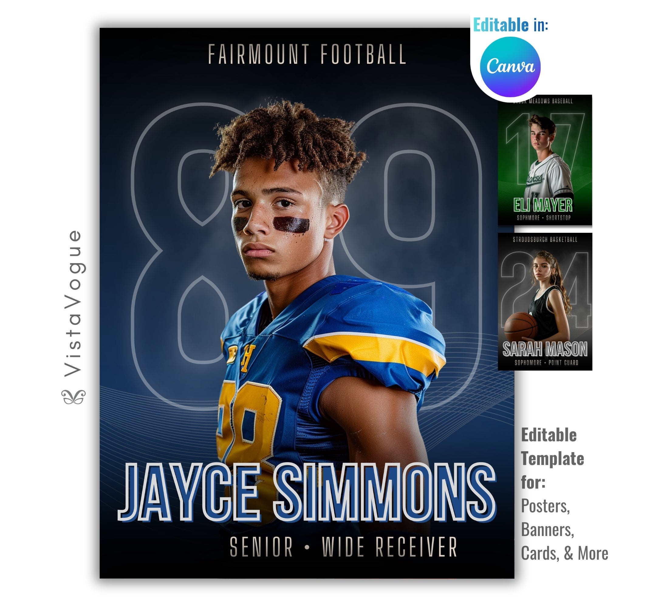 Football trading card and poster template editable in Canva with faded oversized jersey number and subtle speed line graphics on a deep dark backdrop behind the athlete