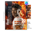 Football senior banner template editable in Canva with fiery football background, dramatic flame effects, and customizable athlete poster design for senior night graphics