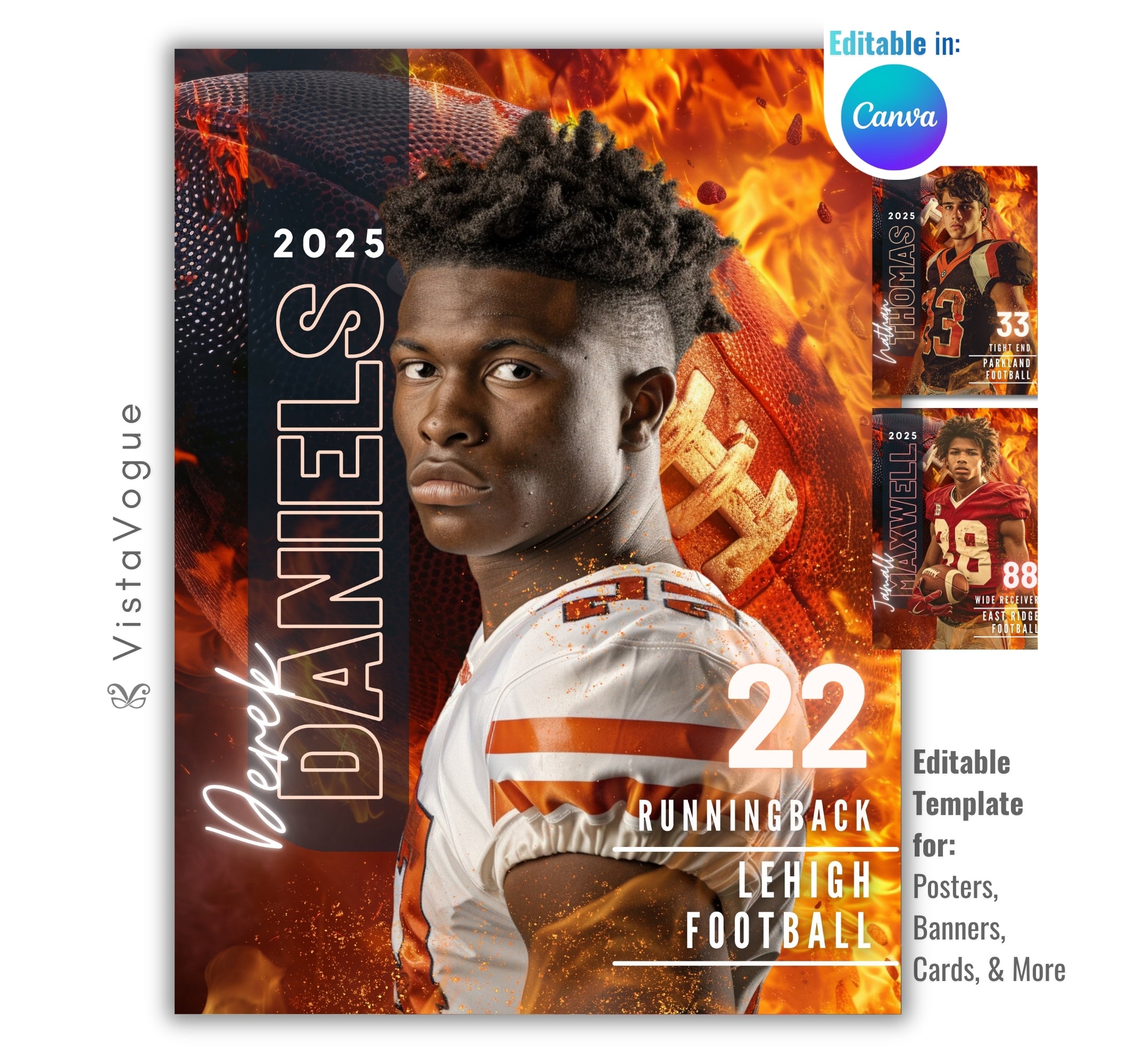 Football senior banner template editable in Canva with fiery football background, dramatic flame effects, and customizable athlete poster design for senior night graphics