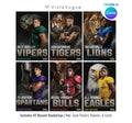 Football sports card and poster template editable in Canva with dramatic smoky backdrop and realistic mascot animal paired with the athlete and bold team name typography