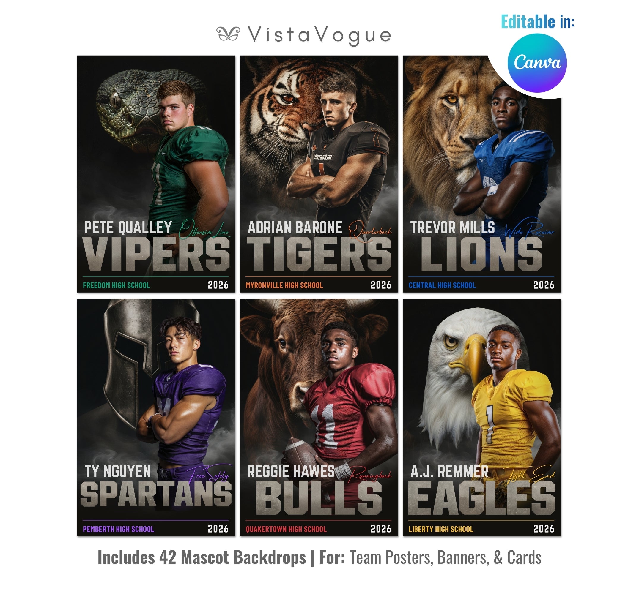 Football sports card and poster template editable in Canva with dramatic smoky backdrop and realistic mascot animal paired with the athlete and bold team name typography