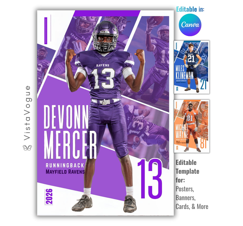 Football senior banner template editable in Canva with angled action photo collage, layered athlete images, and customizable sports poster design for senior night graphics