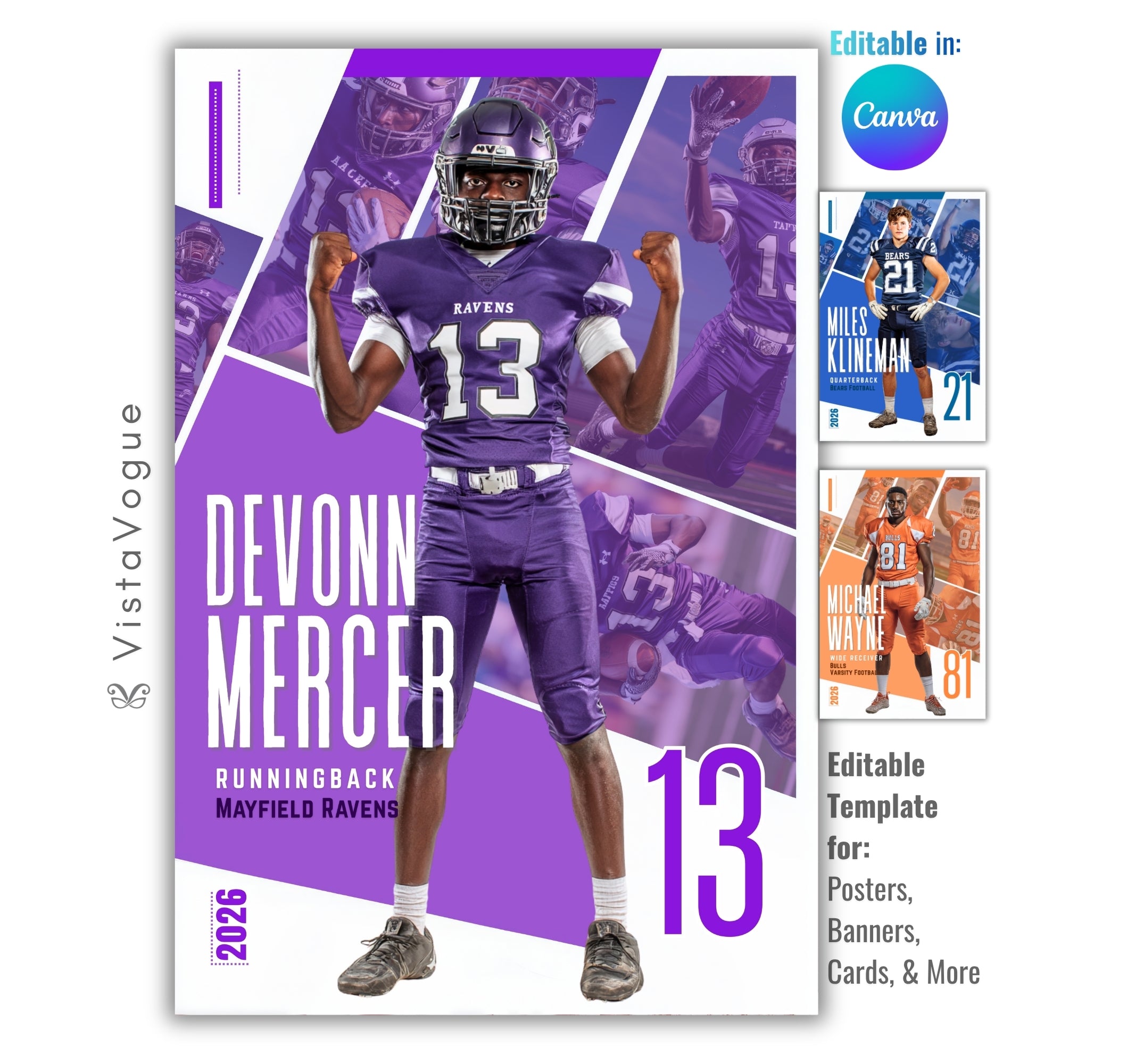 Football senior banner template editable in Canva with angled action photo collage, layered athlete images, and customizable sports poster design for senior night graphics