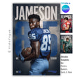 Football poster template editable in Canva with oversized jersey number and cool smoky blue backdrop behind an over-the-shoulder athlete pose