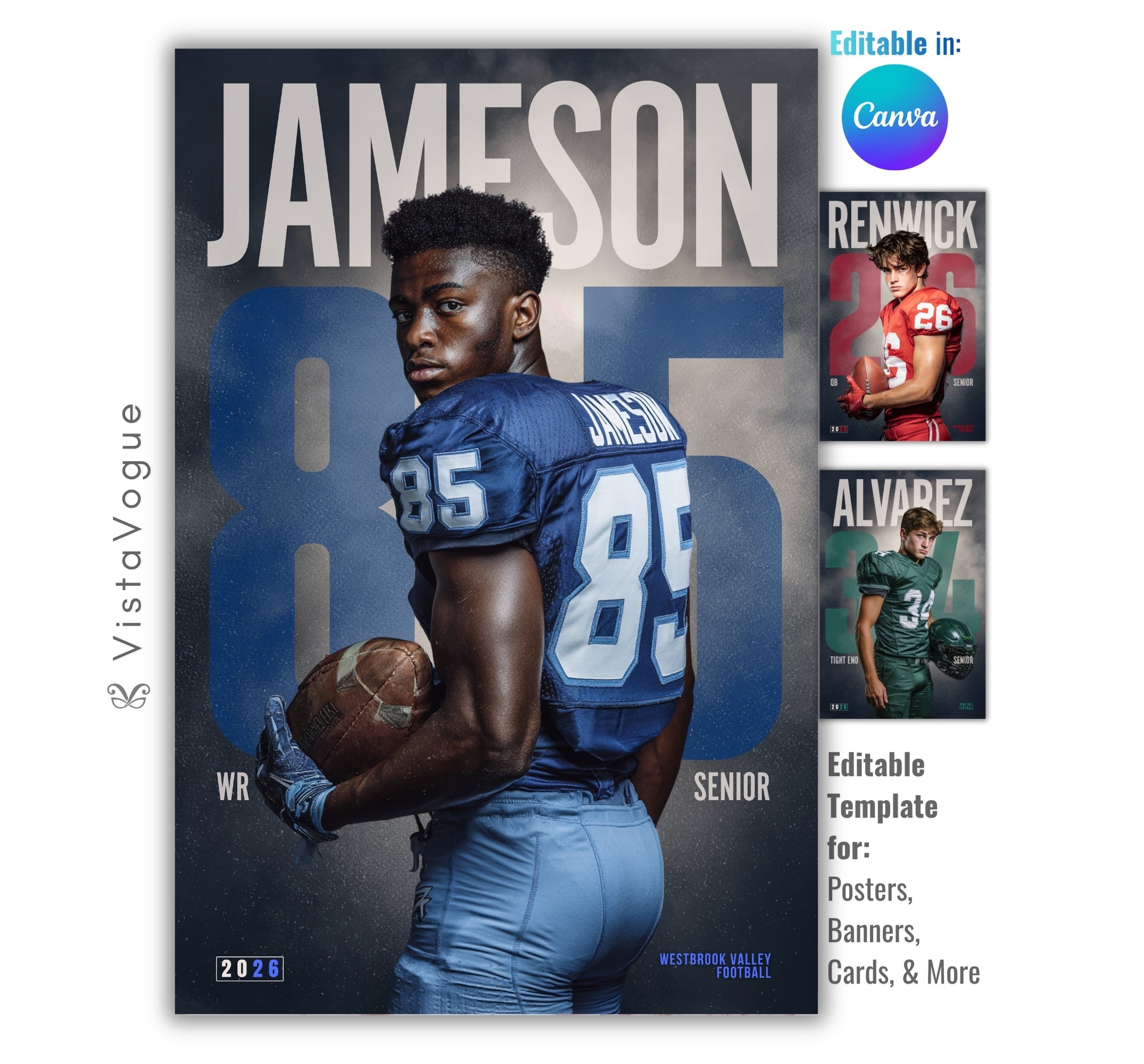 Football poster template editable in Canva with oversized jersey number and cool smoky blue backdrop behind an over-the-shoulder athlete pose
