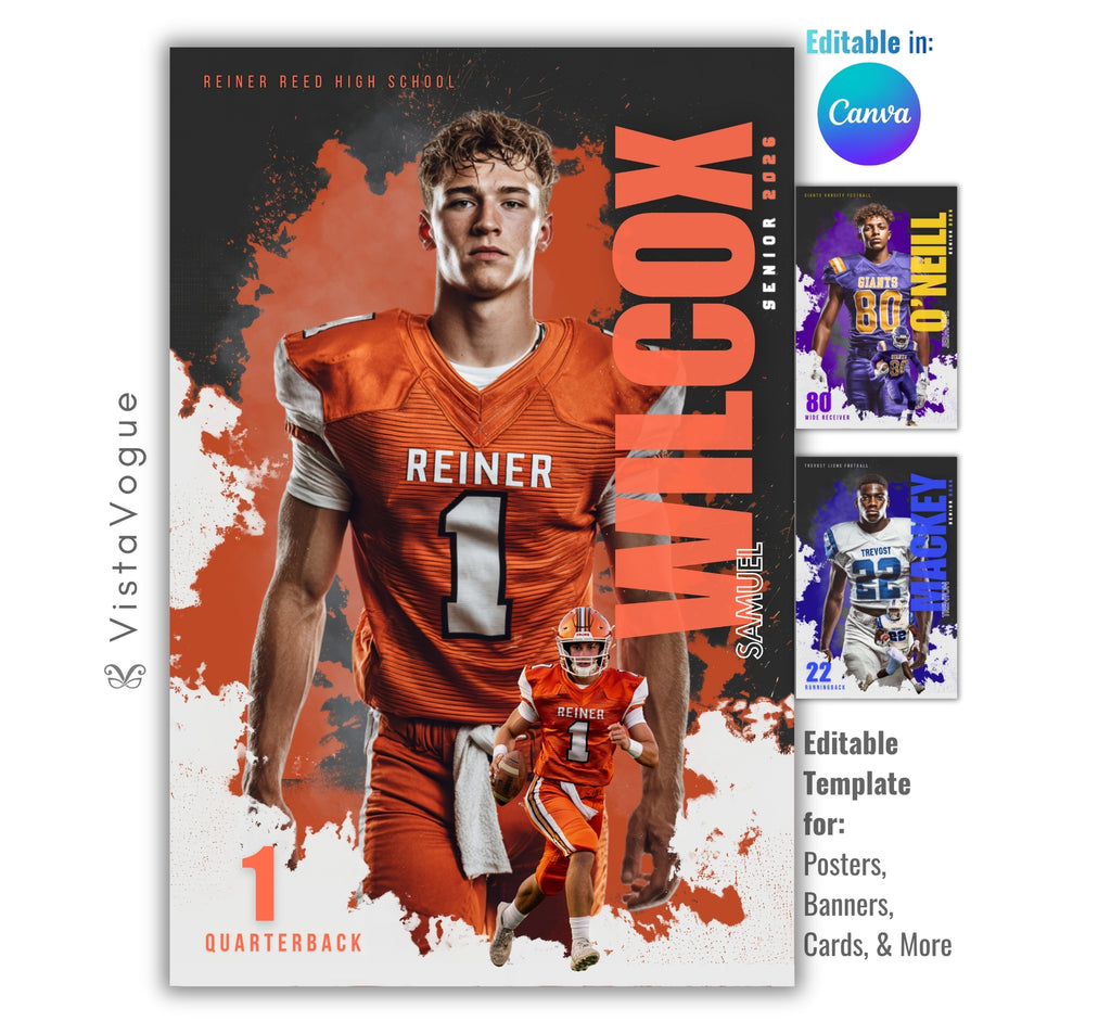 Football senior banner template editable in Canva with paint burst backdrop, layered player cutouts, and customizable sports poster design for senior night graphics