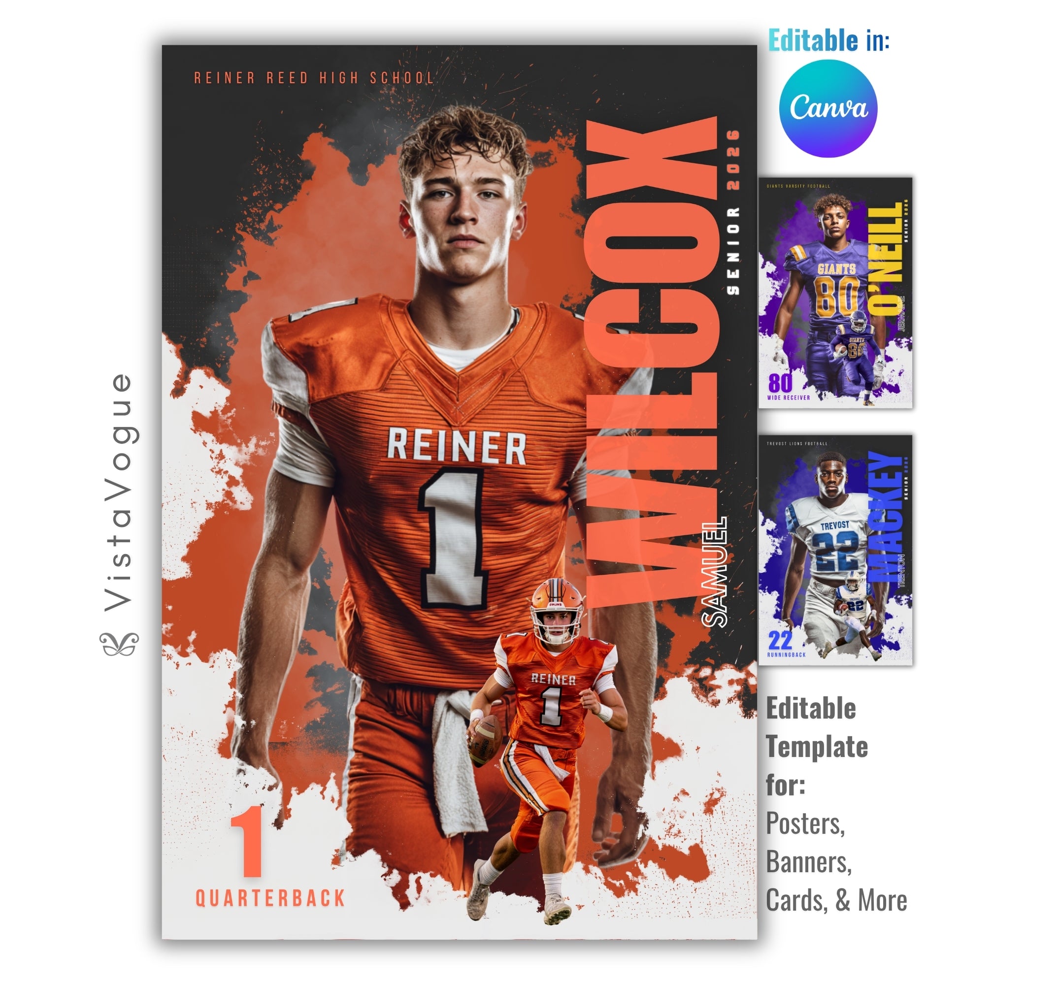 Football senior banner template editable in Canva with paint burst backdrop, layered player cutouts, and customizable sports poster design for senior night graphics